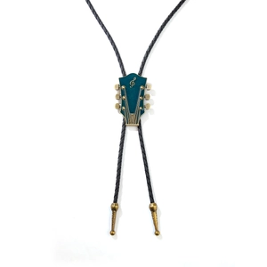 Western vintage guitar headstock bolo tie with blue enamel finish and braided leather cord