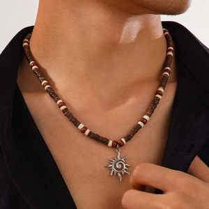 Bohemian Wood Coconut Shell Bead Necklace With Sun Pendant Stainless Steel Ethnic Beach Surfer Necklace For Men Women Jewelry