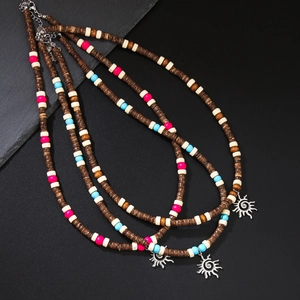 Bohemian wood bead surf necklace set with coconut shell discs and sun charms