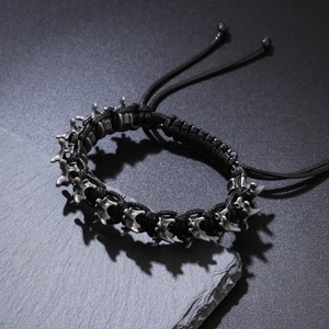 Adjustable punk woven bracelet for men with gothic dragon bone silver metal accents