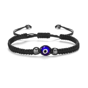Bracciale nero intrecciato a mano con perlina occhio di bue blu e nodo scorrevole regolabile