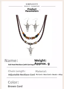 Detailed view of bohemian wood bead necklace and ox head pendant earring set