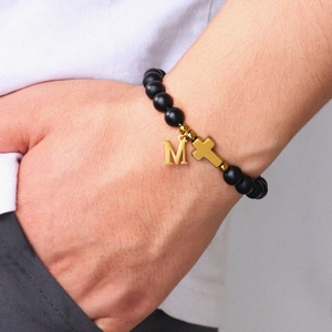 8mm Matte Obsidian Cross Initial Letter Charm Bead Bracelet For Women Men Personalized Alphabet Jewelry Religious Gift