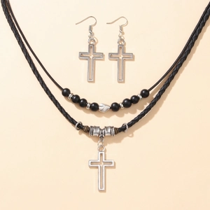 Collana a strati con perline e ciondolo a croce con orecchini coordinati