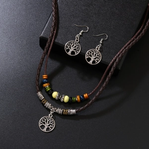 Set collana in pelle intrecciata e orecchini vintage con ciondolo Albero della Vita