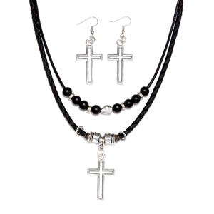 Set collana con pendente a croce retrò con perline nere e cordino di cera