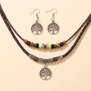 Collana boho a doppio strato con ciondolo albero della vita e orecchini abbinati