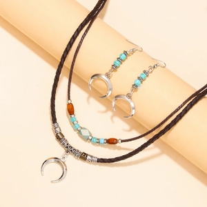 Vintage Ethnic Alloy Crescent Moon Pendant Necklace Earrings Bohemian Woven Rope Synthetic Turquoise Beads Jewelry Set