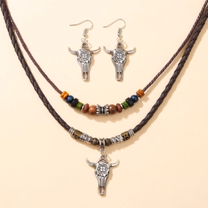 Bohemian double-layer wood bead necklace with retro silver bull head pendant and earrings