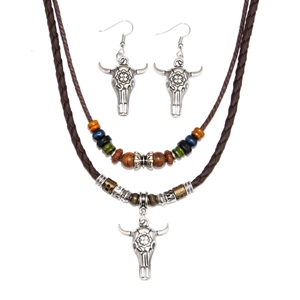 Bohemian double layer necklace with steer skull pendant and colorful wooden beads