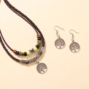 Set collana in pelle intrecciata vintage bohémien con albero della vita e perline in legno