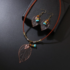 Parure de bijoux bohème feuille en cuivre antique avec perles turquoise et cuir