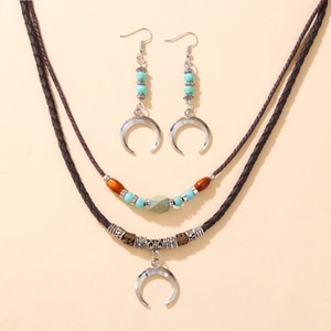 Boho layered necklace and earrings set with turquoise beads and crescent pendants