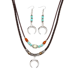 Bohemian double-layer leather necklace set with turquoise beads and crescent moon pendants