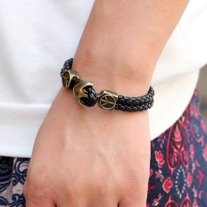 Retro braided leather anchor bracelet with peace sign charm for men's casual wrist wear