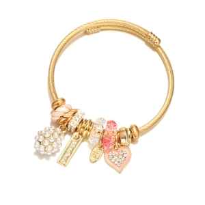 Golden handmade wire bracelet with heart pendant, pearls, and rhinestones for women