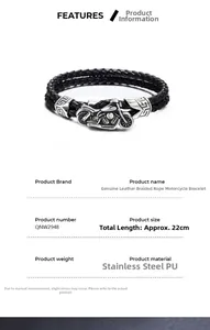 Macro detail of braided PU leather motorcycle bracelet with stainless steel bike charm