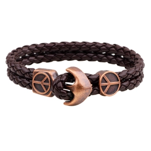 Men's vintage anchor braided leather bracelet with bronze peace sign charms on white base