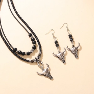 Ensemble collier et boucles d'oreilles tête de taureau avec perles en bois noir