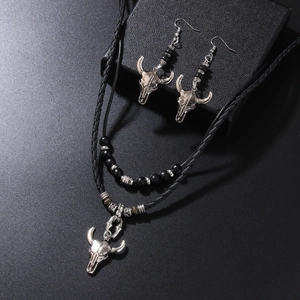 Ensemble collier pendentif tête de taureau rétro et boucles d'oreilles avec perles