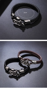 Detail of 22cm men's braided leather bracelet with motorcycle buckle and metal loops