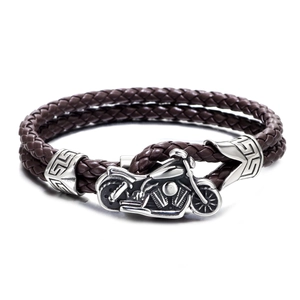 Close-up of double-layer woven brown leather bracelet with motorcycle metal buckle