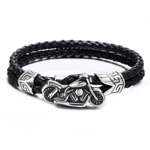 Mens punk motorcycle braid PU leather bracelet with silver stainless steel buckle