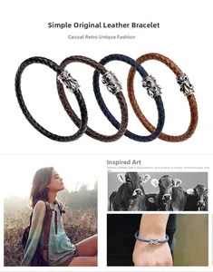 Detailed set of four braided leather bracelets in black, blue, and brown with retro clasps