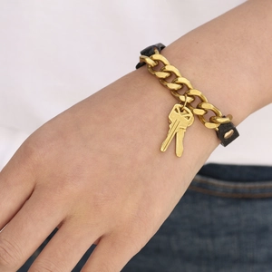 Punk Lederen Ketting Armband Met Sleutel Hanger Gothic Y2K Beenring Voor Vrouwen Meisjes Verstelbare Metalen Knop Armband