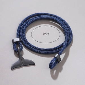 Navy blue woven cord necklace with matte black whale tail pendant in 60cm length