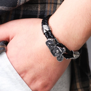 Men's punk motorcycle pendant bracelet with black braided leather and silver metal charms