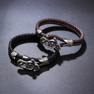 Men's punk motorcycle braided PU leather bracelets with silver tone metal charms