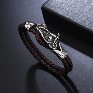 Men's punk motorcycle charm bracelet in double-layer brown braided leather and steel