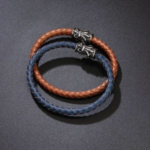 Men Braided Cowhide Leather Bracelet With Vintage Alloy Clasp Gothic Cross Pattern Punk Rock Bangle Jewelry Wristband Accessory