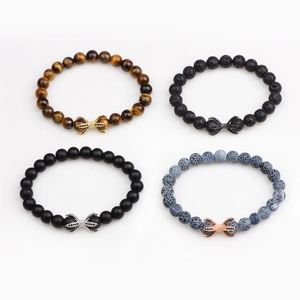 Handmade Men Natural Stone Tiger's Eye Lava Stone Beaded Bracelet With Pave Rhinestone Charm Round Bead Elastic Cord