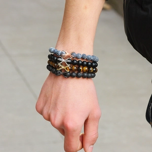Men's 4-piece bead bracelet set with tiger eye stones and zircon micro-pave X charms