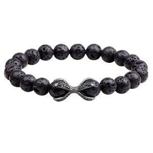 Lava stone bead bracelet with black zircon-encrusted metal charm for men and women