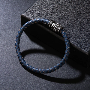 Men's dark blue braided leather bracelet with vintage silver punk style metal buckle