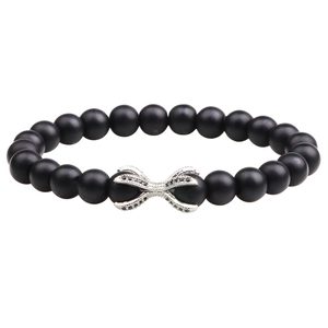 DIY black matte stone beaded bracelet with silver micro-paved zircon center charm