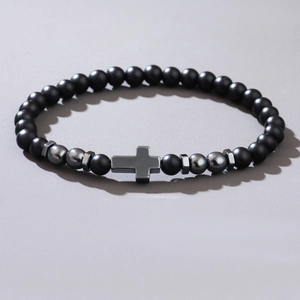 Men's matte black beaded bracelet with hematite cross and silver hexagonal spacers
