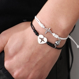 Bracelets de Couple Magnétiques Cœur Battement de Cœur en Acier Inoxydable Corde Tressée à la Main Assortis pour Amoureux Amis
