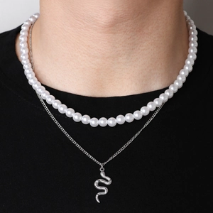 Hip Hop Double Layer Necklace Alloy Snake Pendant With White Faux Artificial Pearl Chain Silver Tone Jewelry For Men Streetwear