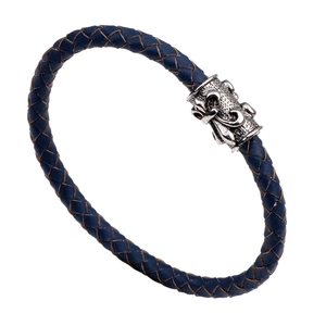 Men's dark blue braided leather bracelet with vintage silver-tone engraved clasp