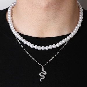 Hip-hop layered necklace set with round white pearls and silver snake pendant for men