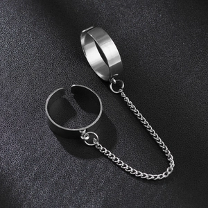 Punk style silver chain link double rings featuring adjustable cross design and cool aesthetic