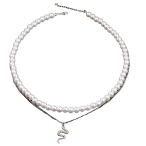 Double-layered hip hop necklace with white pearls and silver snake pendant for men