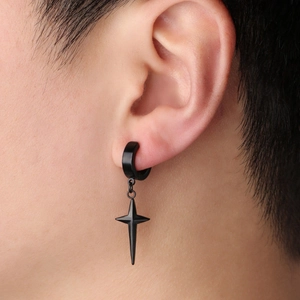 Punk Gothic Metal Cross Star Tassel Ear Clip With 925 Sterling Silver Earring Post For Men Women Trendy Cool Black Jewelry