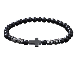 Handmade beaded cross bracelet with matte black onyx and metallic hematite stones