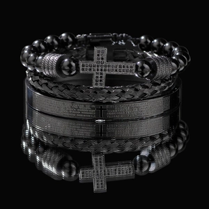 Coffret de bracelets noirs pour hommes avec perles croix, corde tressée et manchette
