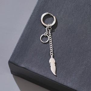 Unisex stainless steel hoop earring with feather pendant and chain on black background